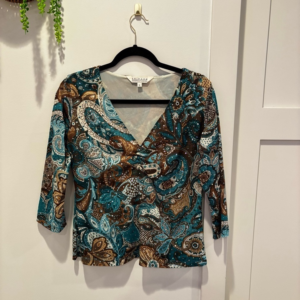 Uniform John Paul Richard Blue Brown Paisley Sequins Y2K Euro V-Neck Babydoll L